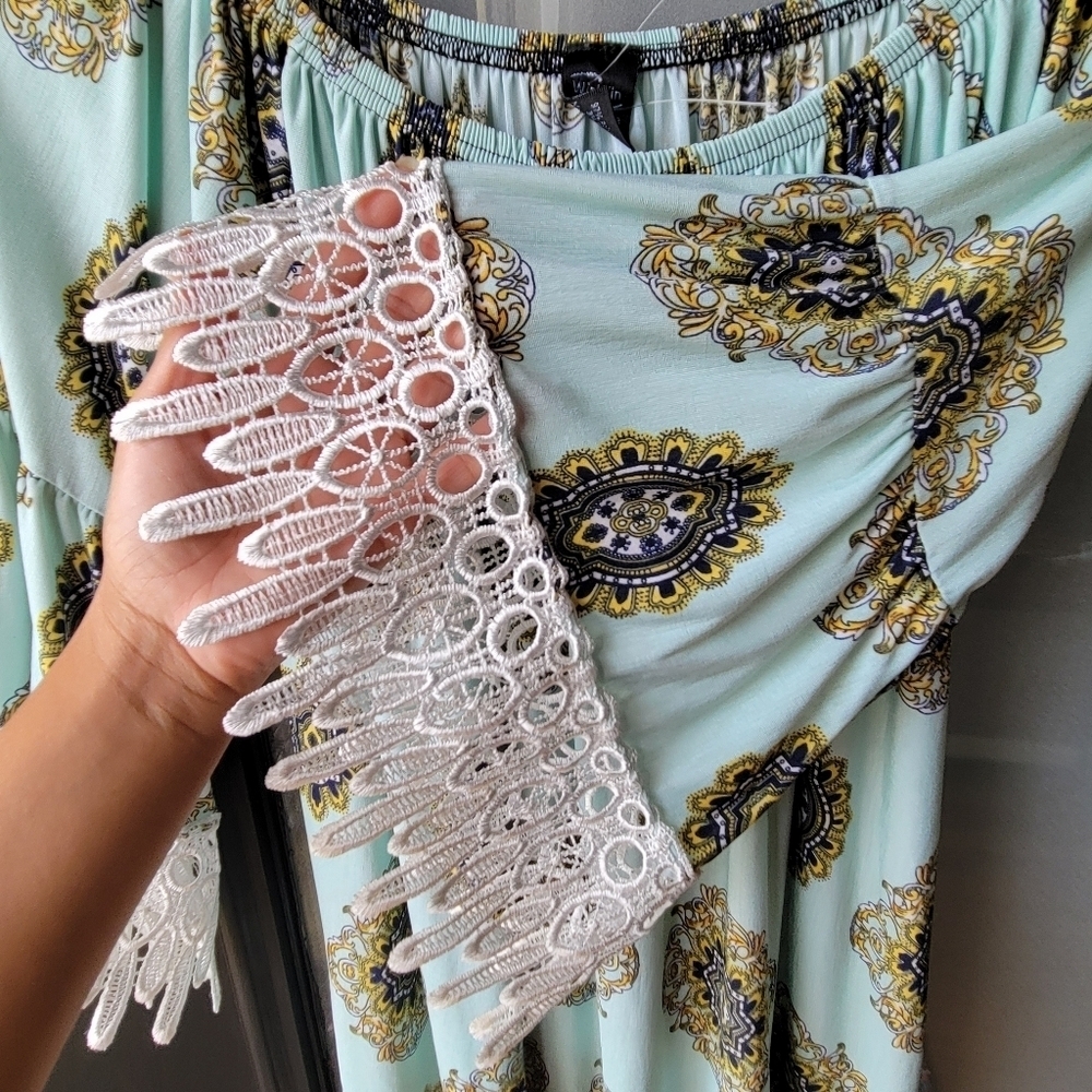 WIN WIN Boho Women's Blouse 3/4 Sleeves Off Shoulder L/XL Lace Multicolor Tunic - Picture 5 of 9